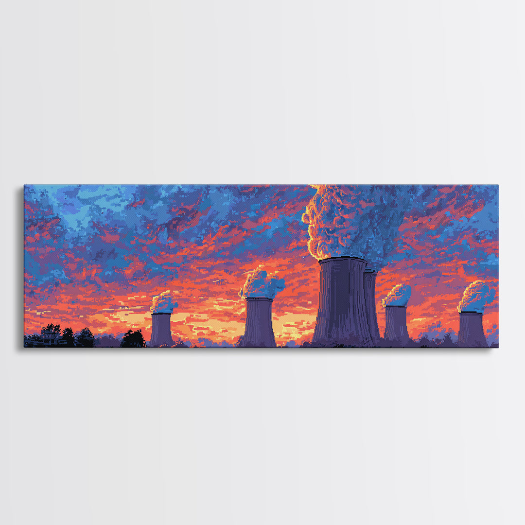Purple Cooling Towers Under Fiery Sunset Framed Canvas Print, Retro Industrial Wall Art, Colorful Modern Landscape Decor