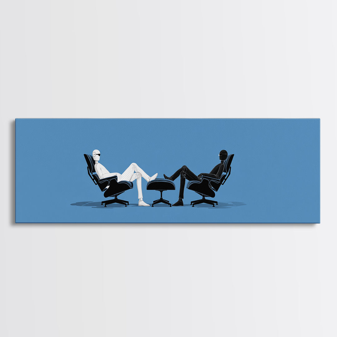 Two Minimal Figures In Lounge Chairs Wall Art, Midcentury Modern Therapy Office Decor, Blue Retro Abstract Art Print Poster