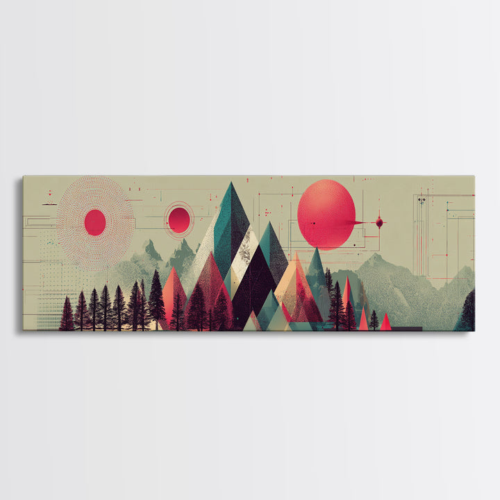 Pink Sun Geometric Mountains Wall Art, Midcentury Modern Art Print, Abstract Landscape Poster, Colorful Office Decor Gift