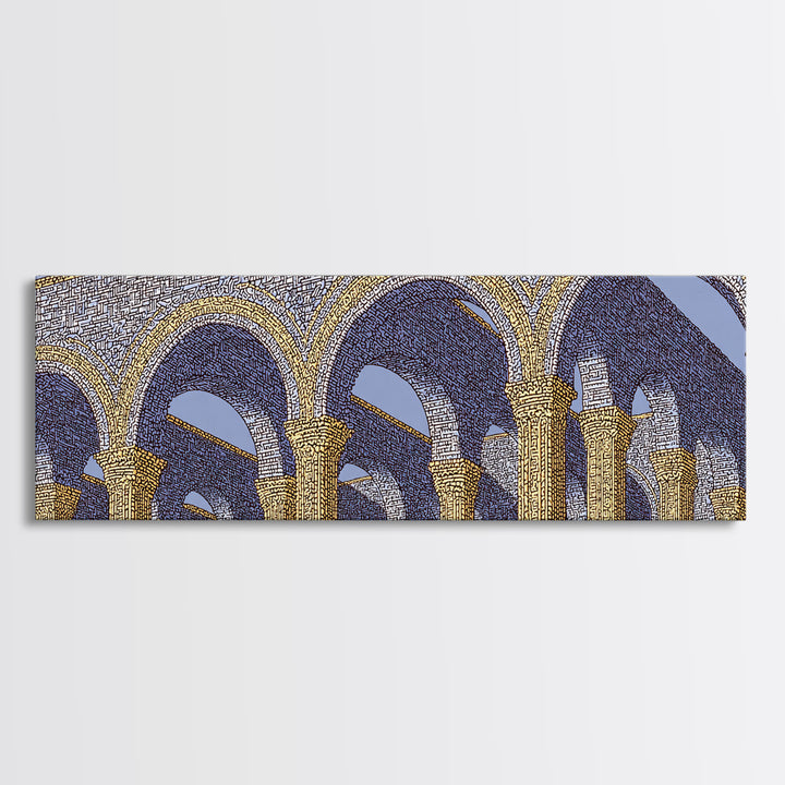 Golden Blue Moorish Arches Framed Canvas Print, Architectural Wall Art, Mediterranean Decor, Elegant Colonnade Poster Gift