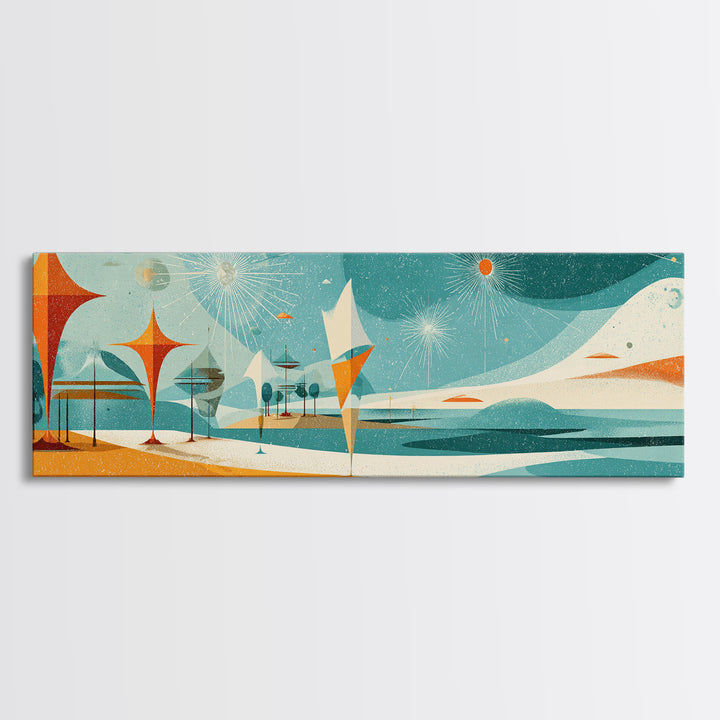 Retro Abstract Beach Waves Canvas Print, Atomic Coastal Wall Art, Midcentury Modern Decor, Orange Teal Poster For Beach House