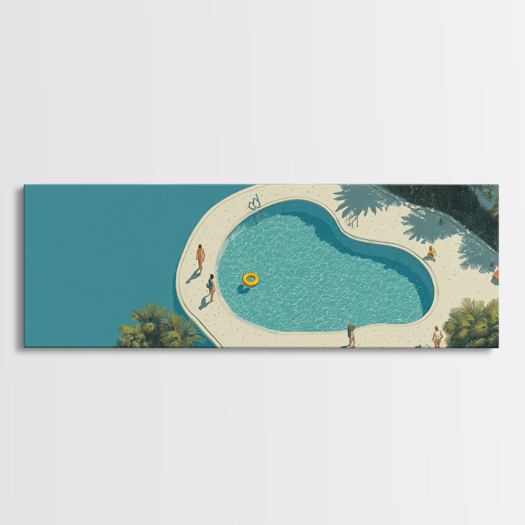 Aerial Turquoise Pool Beside Blue Water Canvas Print, Minimalist Wall Art, Midcentury Modern Decor, Coastal Resort Poster