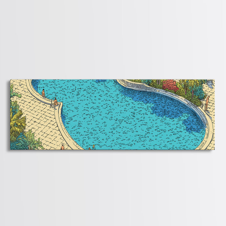 Bright Blue Resort Pool With Stone Terrace Wall Art, Midcentury Modern Print, Tropical Garden Decor, Large Canvas Poster