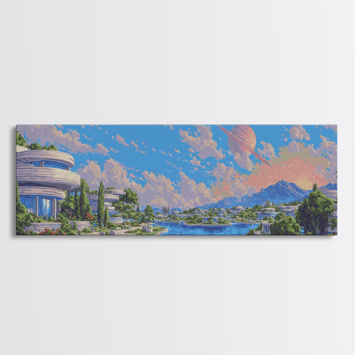 Futuristic Lakeside City With Planets Wall Art, Midcentury Modern Poster, Retro Sci Fi Decor, Scenic Landscape Canvas Print