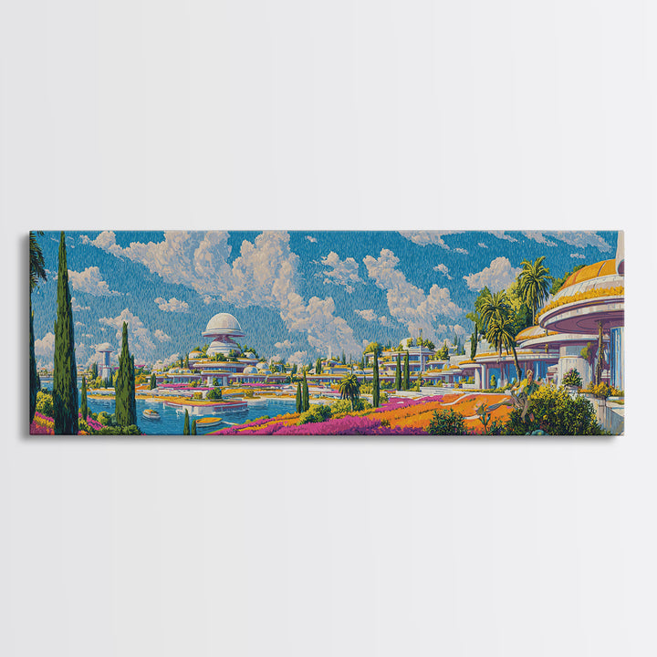 Utopian Waterfront Futurist City Wall Art, Mid Century Modern Travel Poster, Retro Modern Home Decor, Panoramic Canvas Print