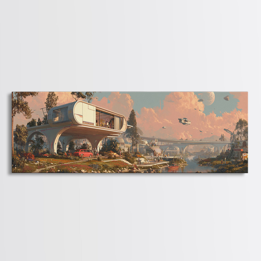Retro Future Stilt House At Moonlit Marsh Wall Art, Mid Century Modern Architecture Poster, MCM Decor, Panoramic Canvas Print