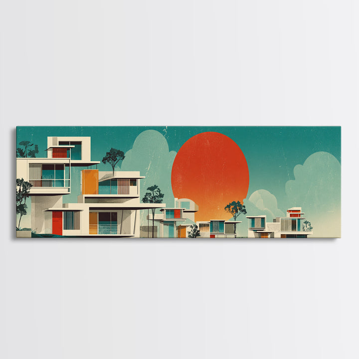 Modernist White Villas With Orange Sun Wall Art, Mid Century Modern Architecture, Palm Springs Decor, Teal Panoramic Print