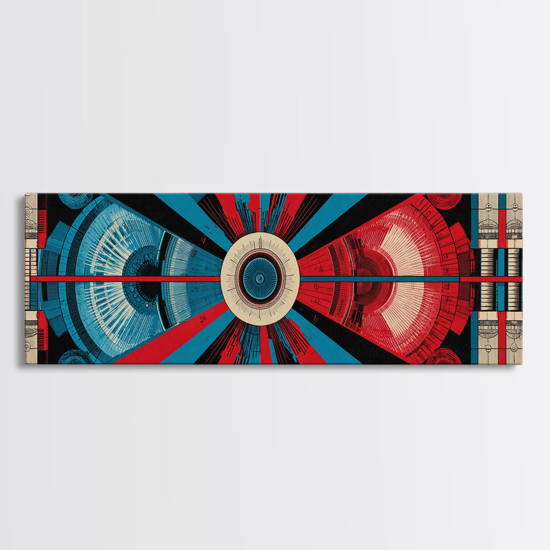 Red And Blue Technical Mandala Wall Art, Mid Century Abstract Geometric Poster, Atomic Modern Decor, Panoramic Canvas Print