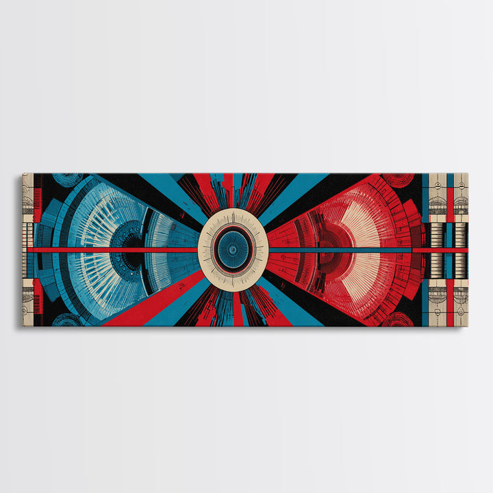 Red And Blue Technical Mandala Wall Art, Mid Century Abstract Geometric Poster, Atomic Modern Decor, Panoramic Canvas Print