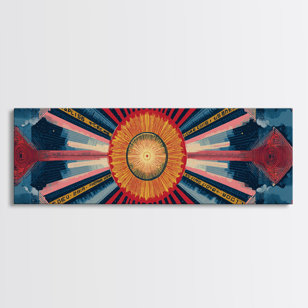 Cosmic Golden Sunburst Space Chart Wall Art, Mid Century Modern Abstract, Atomic Retro Poster, Blue Red Panoramic Canvas Print