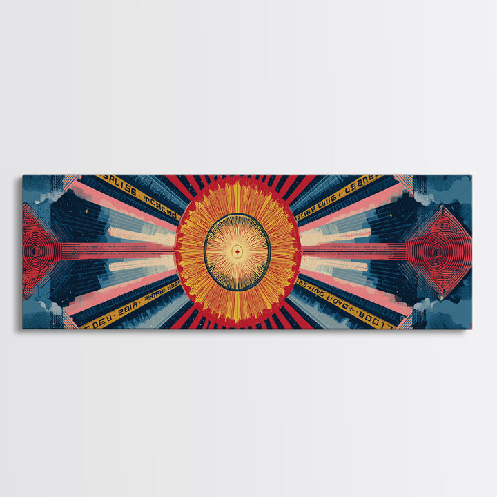 Cosmic Golden Sunburst Space Chart Wall Art, Mid Century Modern Abstract, Atomic Retro Poster, Blue Red Panoramic Canvas Print