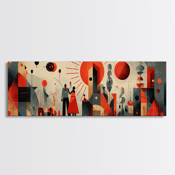 Geometric Red Sun City With Figures Wall Art, Mid Century Modern Abstract Poster, Bauhaus MCM Decor, Panoramic Canvas Print