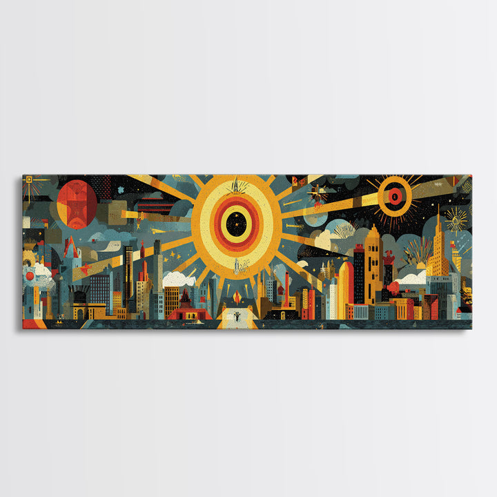 Atomic City Skyline Under Giant Sun Wall Art, Mid Century Modern Urban Poster, Retro Modern Home Decor, Panoramic Canvas Print