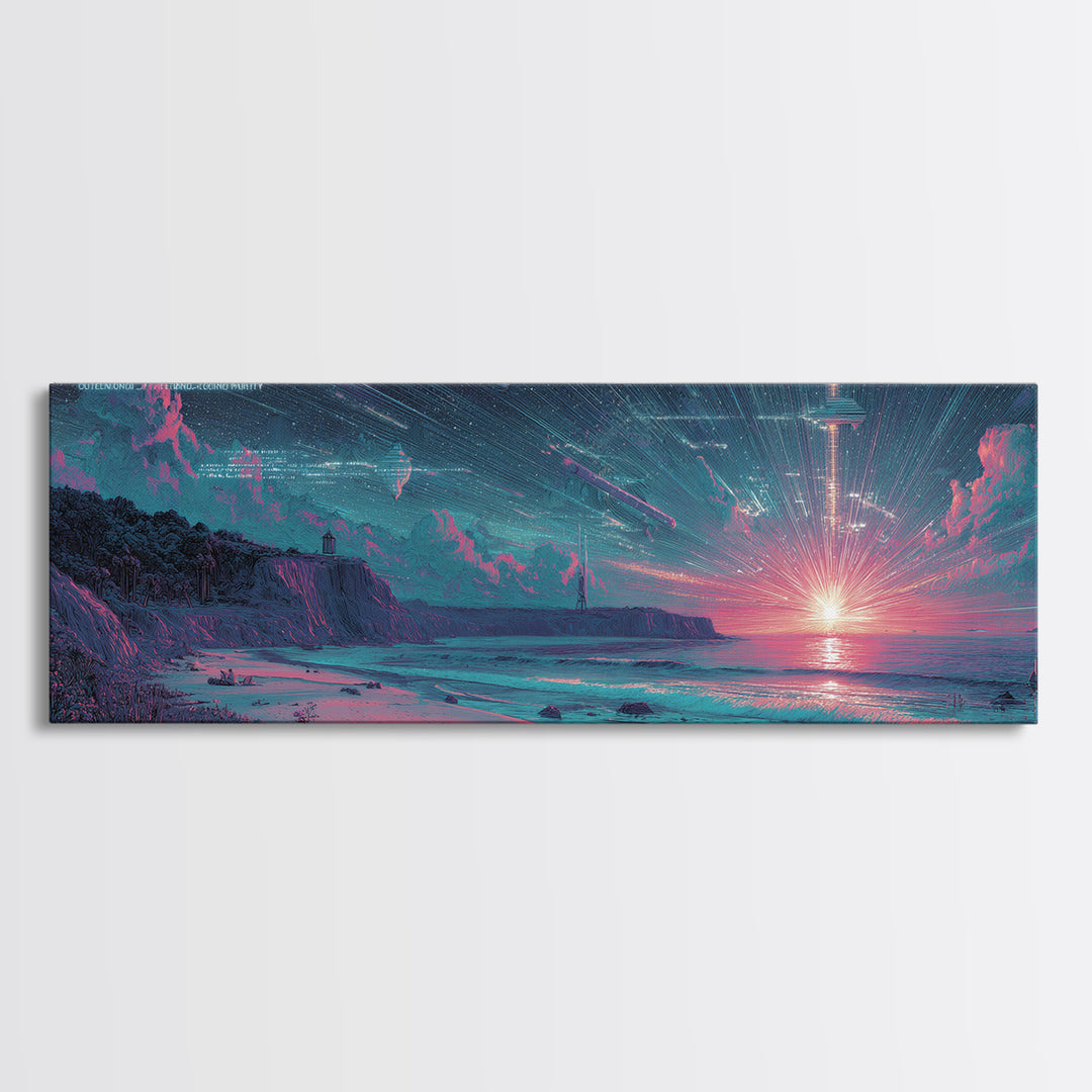 Futuristic Neon Beach Sunset With Star Trails, Sci Fi Coastal Wall Art, Retro Modern Poster, Space Abstract Art Print Decor