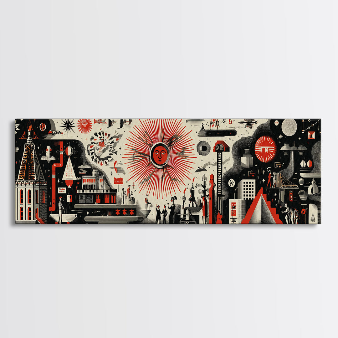 Surreal Red Sun Town Collage Wall Art, Mid Century Modern Folk Abstract Poster, Black Cream Retro Decor, Panoramic Canvas Print