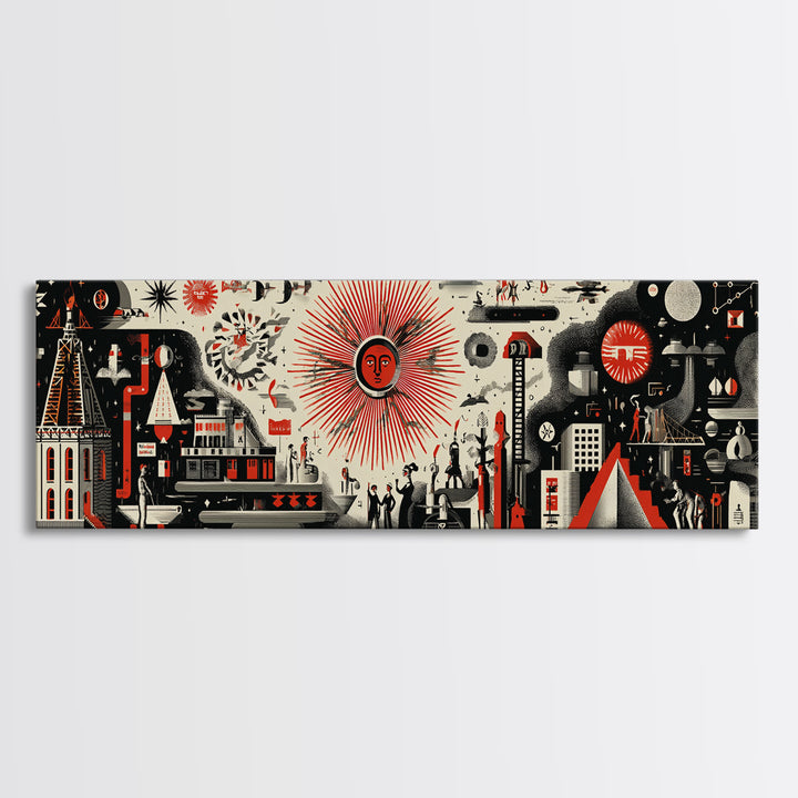Surreal Red Sun Town Collage Wall Art, Mid Century Modern Folk Abstract Poster, Black Cream Retro Decor, Panoramic Canvas Print