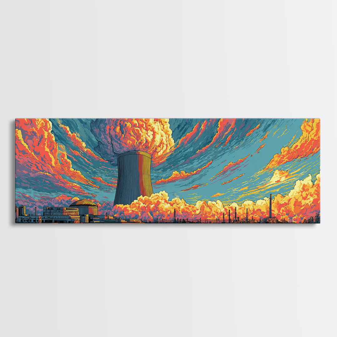 Nuclear Skyline With Orange Cloud Wall Art, Atomic Retro Poster, Midcentury Modern Art, Sci Fi Industrial Wall Decor, Home Office Decor