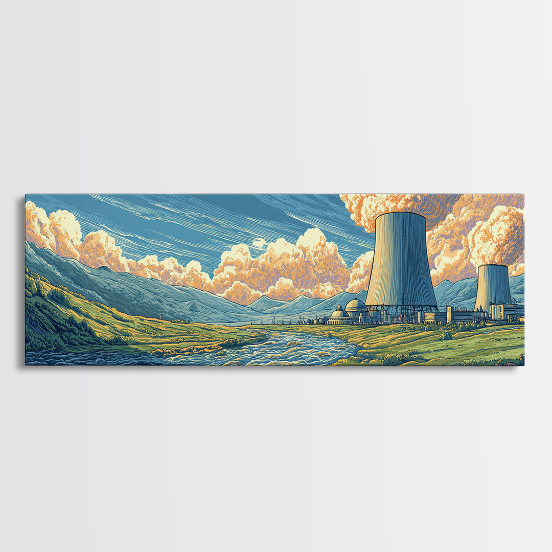 River Valley Nuclear Towers Framed Canvas Print, Scenic Retro Wall Art, Midcentury Modern Decor, Landscape Poster, Home Office Art