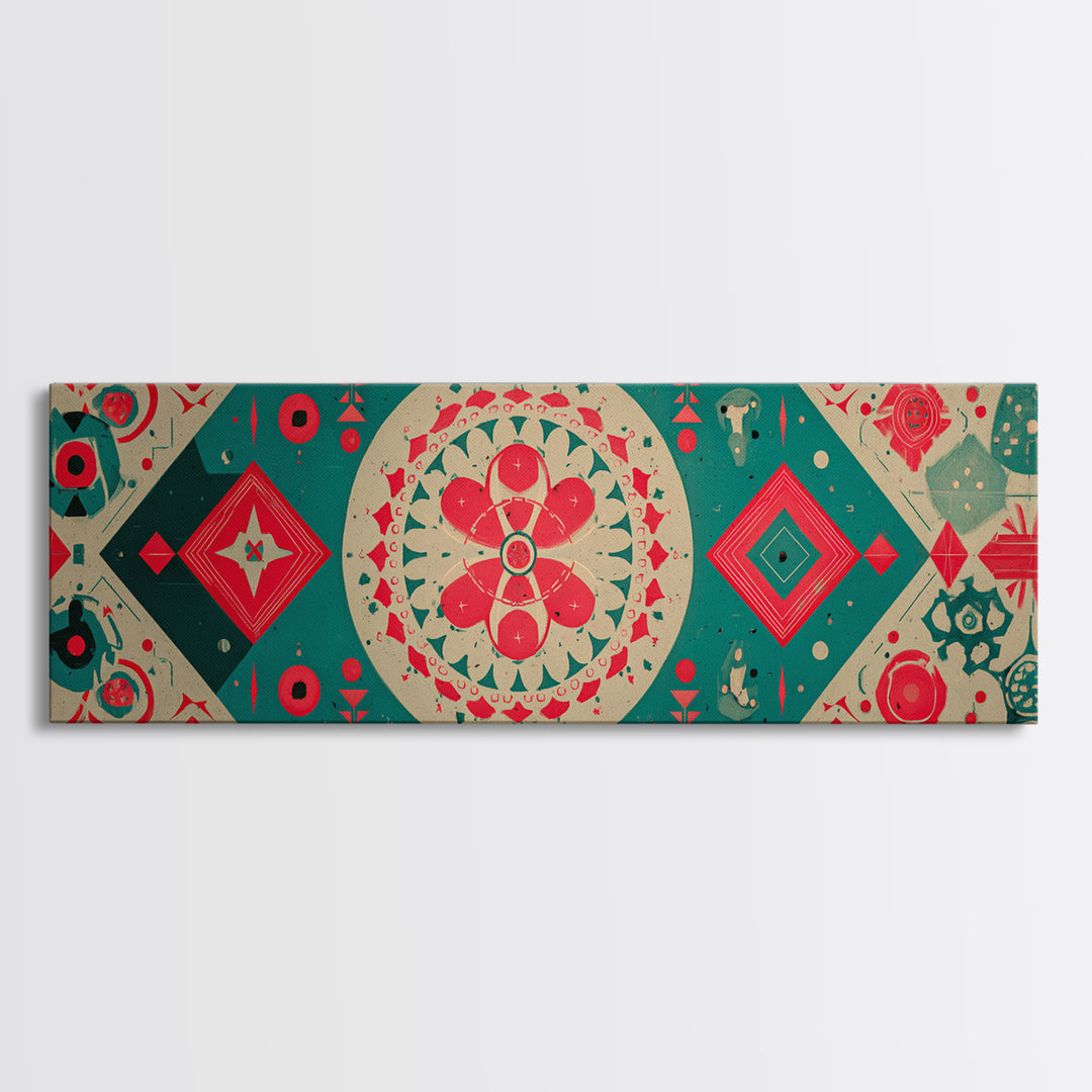 Red Green Mandala Flowers And Diamonds Canvas Print, Geometric Wall Art, Midcentury Modern Decor, Retro Pattern Poster, Home Decor