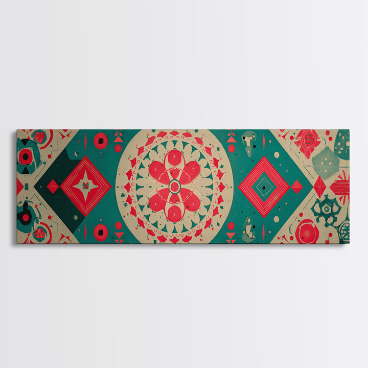 Red Green Mandala Flowers And Diamonds Canvas Print, Geometric Wall Art, Midcentury Modern Decor, Retro Pattern Poster, Home Decor