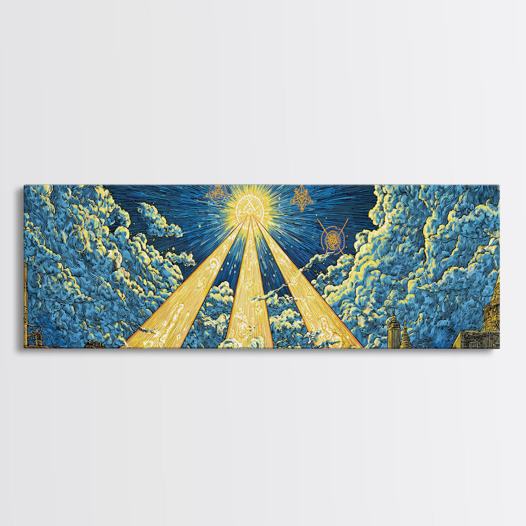 Golden Light Beams Through Clouds Framed Canvas Print, Spiritual Wall Art, Midcentury Modern Poster, Celestial Decor, Sci Fi Wall Decor