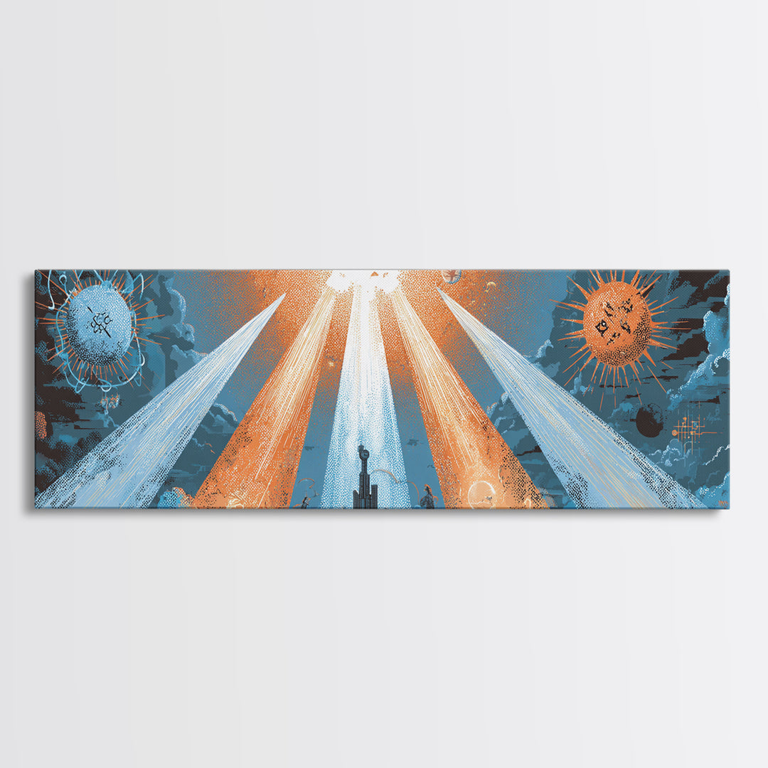 Planetary Spotlights Over Futuristic City Canvas Print, Space Abstract Art, Modern Wall Decor, Retro Sci Fi Poster, Home Office Art