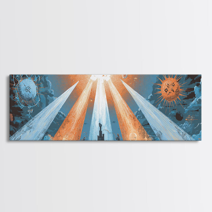 Planetary Spotlights Over Futuristic City Canvas Print, Space Abstract Art, Modern Wall Decor, Retro Sci Fi Poster, Home Office Art