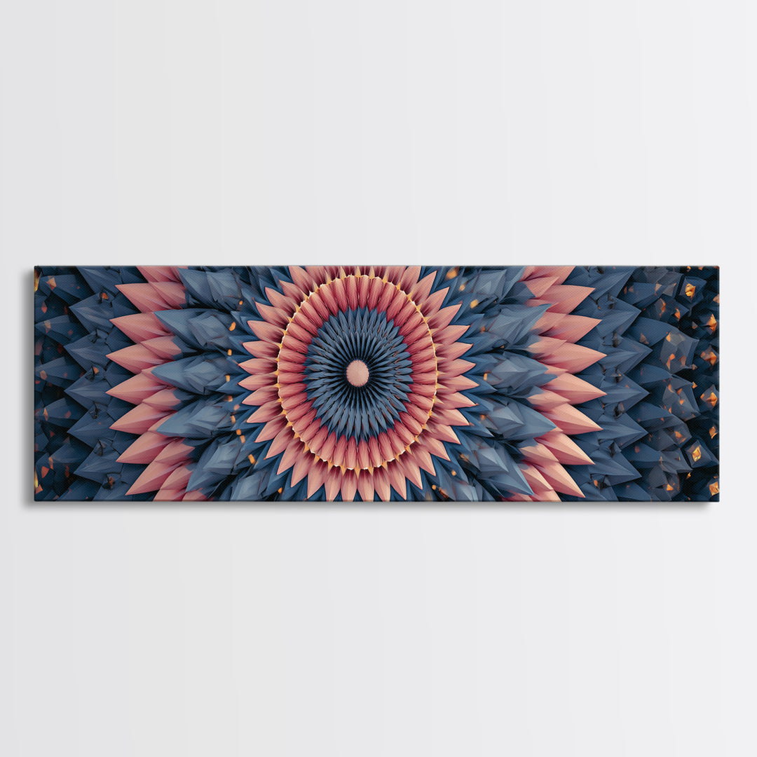 Layered Pink And Navy Geometric Mandala Wall Art, Midcentury Modern Abstract Canvas, Retro MCM Decor, Large Print, Home Decor