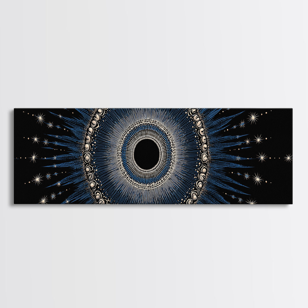 Blue Celestial Eclipse Wall Art, Art Deco Sunburst Mandala, Modern Abstract Print, Gothic Cosmic Framed Canvas Print Decor