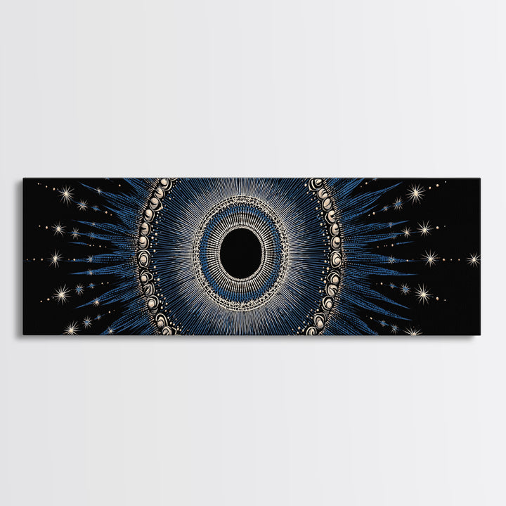 Blue Celestial Eclipse Wall Art, Art Deco Sunburst Mandala, Modern Abstract Print, Gothic Cosmic Framed Canvas Print Decor