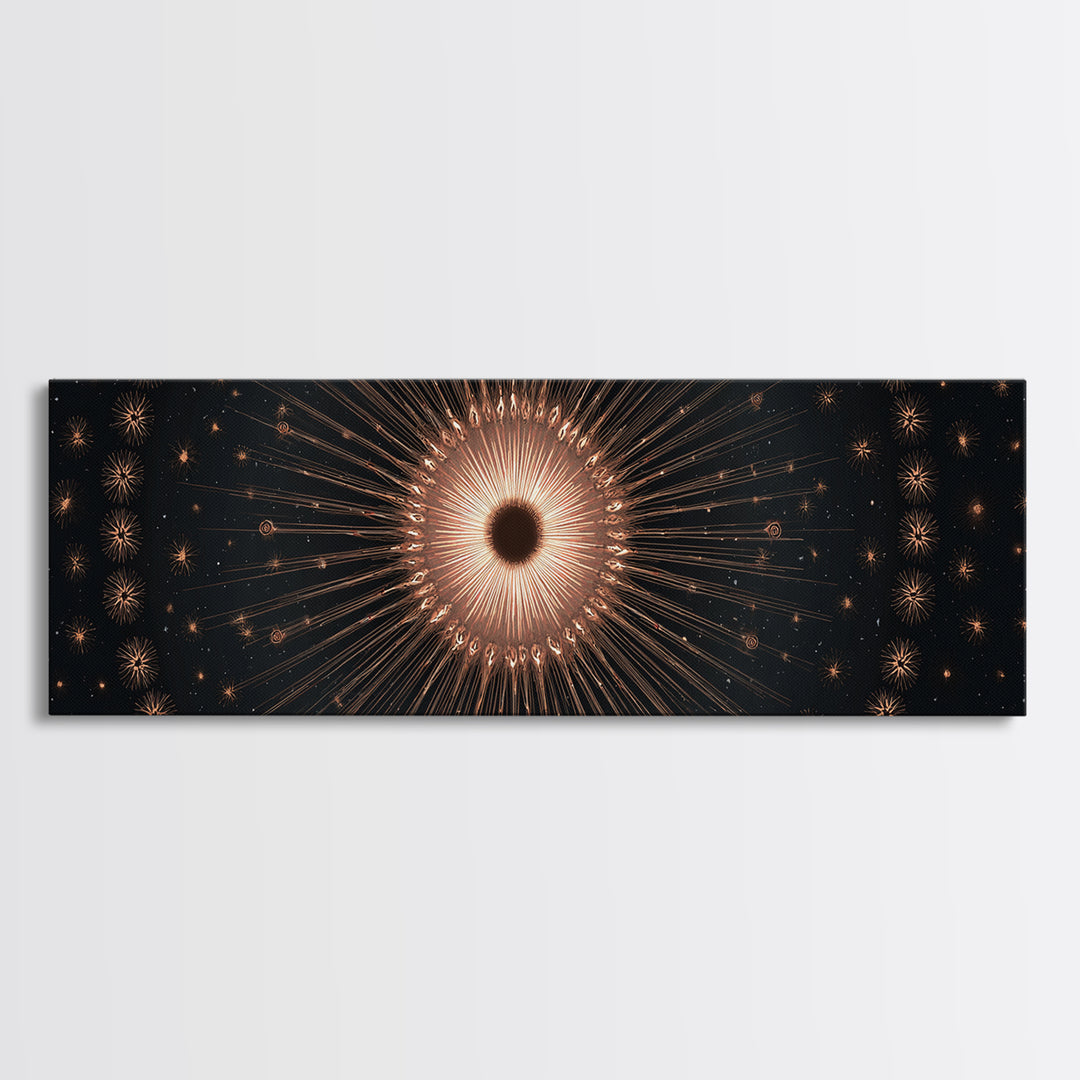 Copper Gold Eclipse Sunburst Wall Art, Modern Art Deco Canvas Print, Cosmic Celestial Decor, Black Gold Statement Print Gift