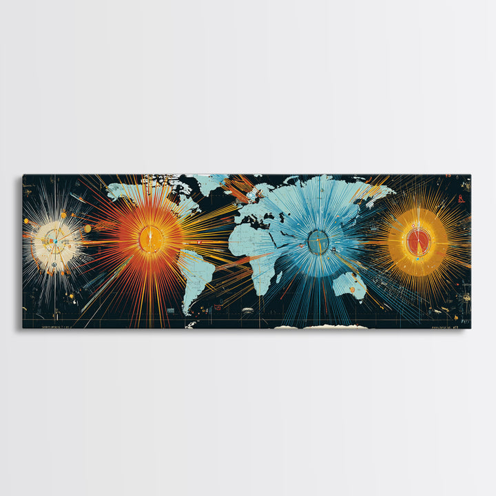 World Map Sunburst Network With Celestial Nodes, Canvas Print, Modern Wall Art, Geographic Abstract Poster For Office Decor