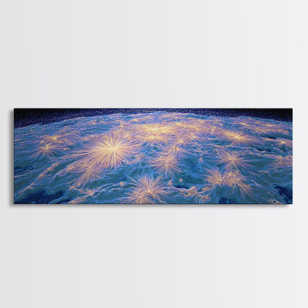Earth From Orbit With Electric Light Bursts, Framed Canvas Print, Space Abstract Art, Modern Wall Decor For Home Office Decor