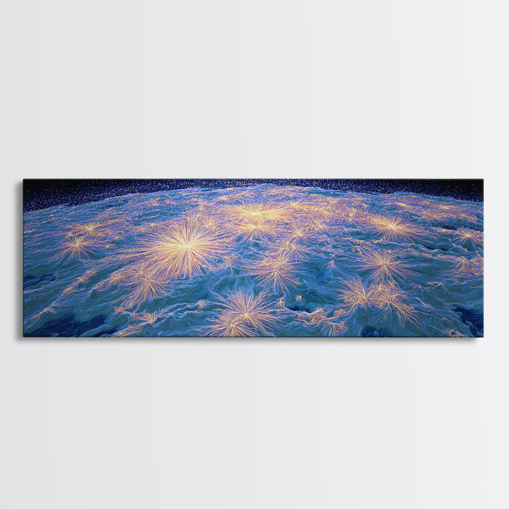 Earth From Orbit With Electric Light Bursts, Framed Canvas Print, Space Abstract Art, Modern Wall Decor For Home Office Decor
