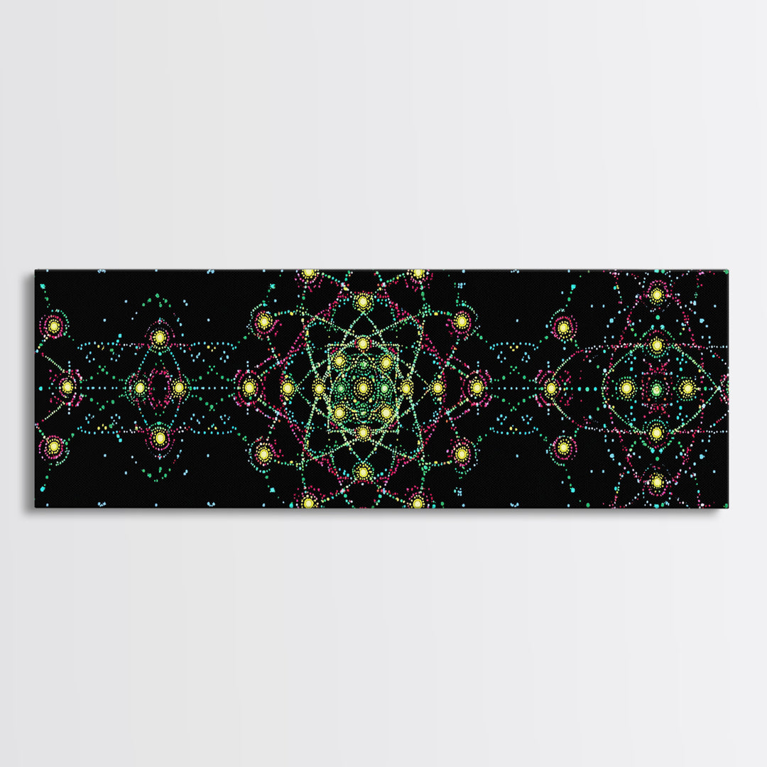 Neon Atomic Mandala Wall Art, Mid Century Modern Space Decor, Retro Science Poster, Psychedelic Geometric MCM Print, Black Wall Decor