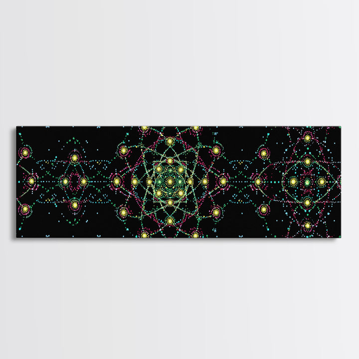 Neon Atomic Mandala Wall Art, Mid Century Modern Space Decor, Retro Science Poster, Psychedelic Geometric MCM Print, Black Wall Decor