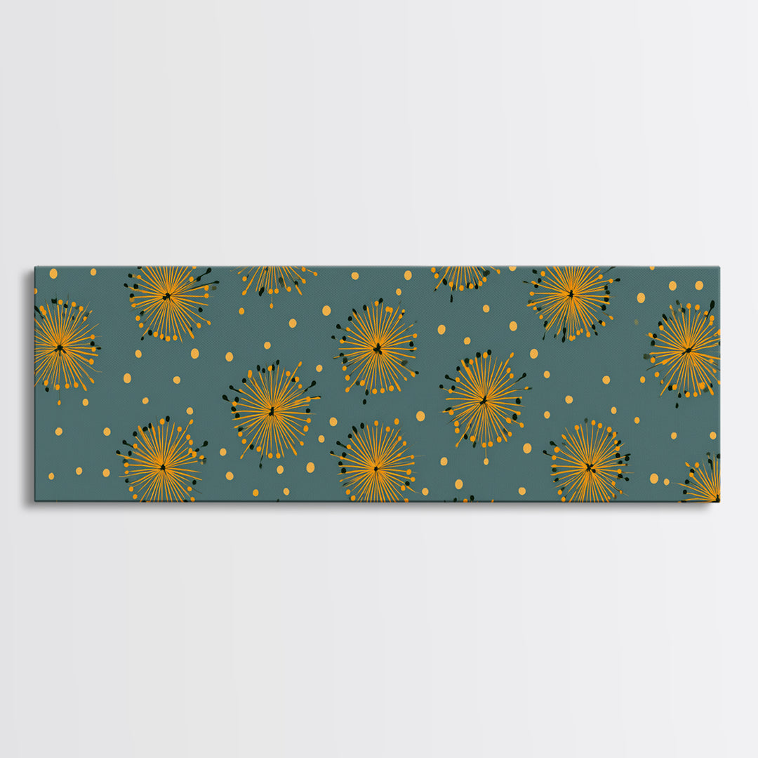 Yellow Starburst Floral Wall Art, Mid Century Modern Print, Retro Atomic Pattern Poster, Teal Kitchen Decor, MCM Art Print