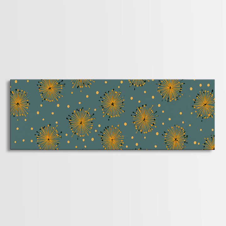 Yellow Starburst Floral Wall Art, Mid Century Modern Print, Retro Atomic Pattern Poster, Teal Kitchen Decor, MCM Art Print