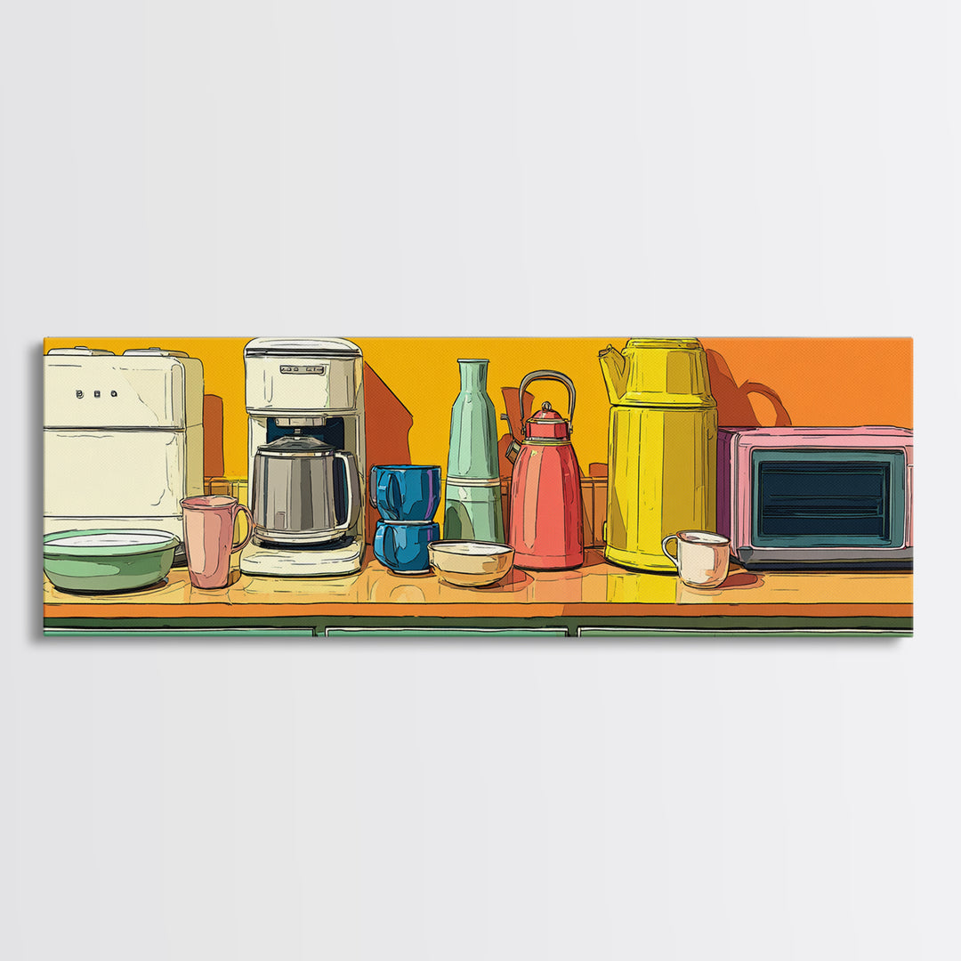 Orange Countertop Coffee Appliances Wall Art, Mid Century Modern Kitchen Print, Retro Toaster Kettle Decor, MCM Poster Print