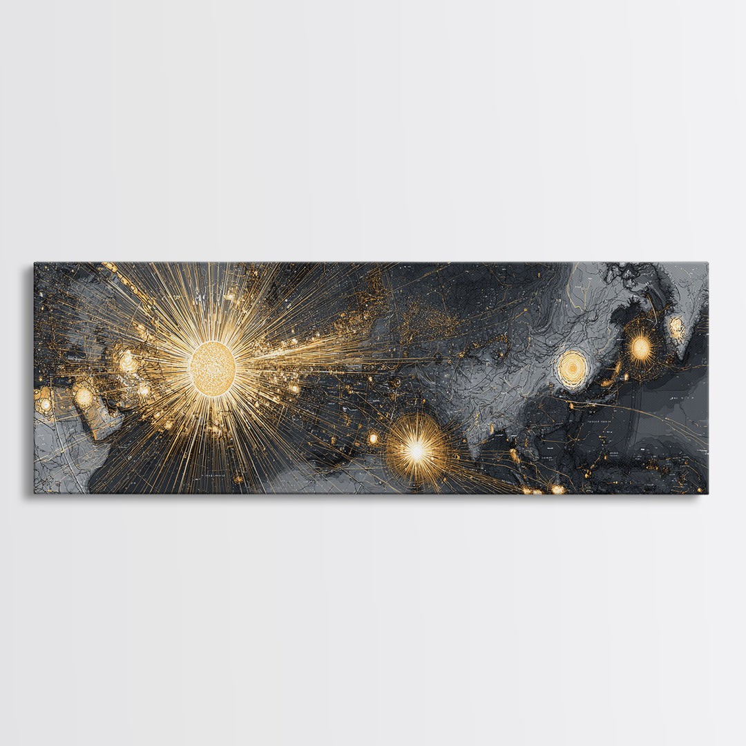 Gold And Charcoal World Map With Radiant Network Lights, Wall Art, Modern Abstract Art Print, Office Decor Statement Poster