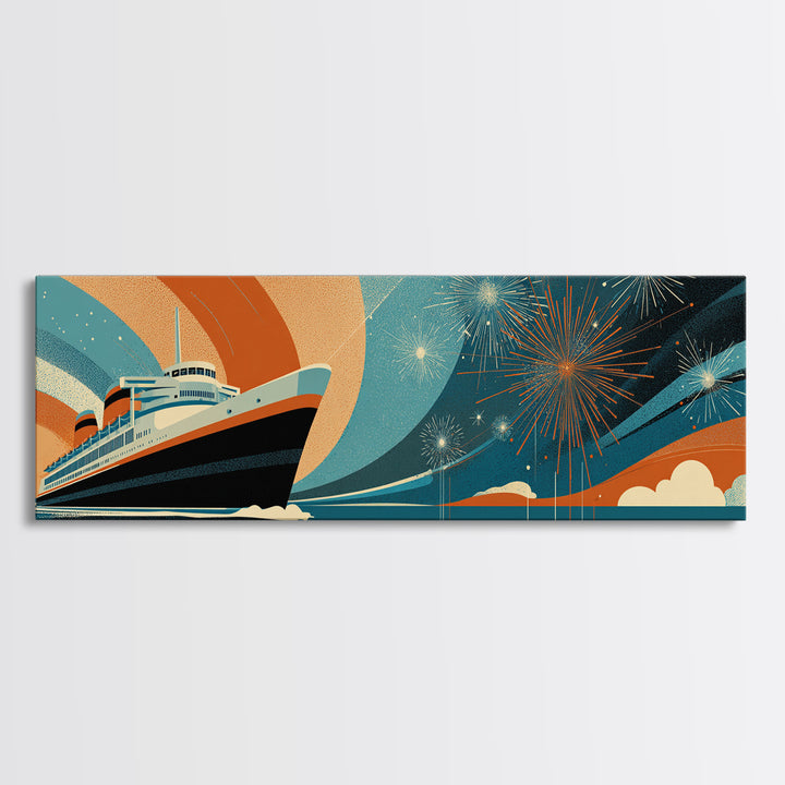 Retro Ocean Liner With Fireworks Wall Art, Mid Century Modern Travel Poster, Cruise Ship Decor, Framed Canvas Print Gift