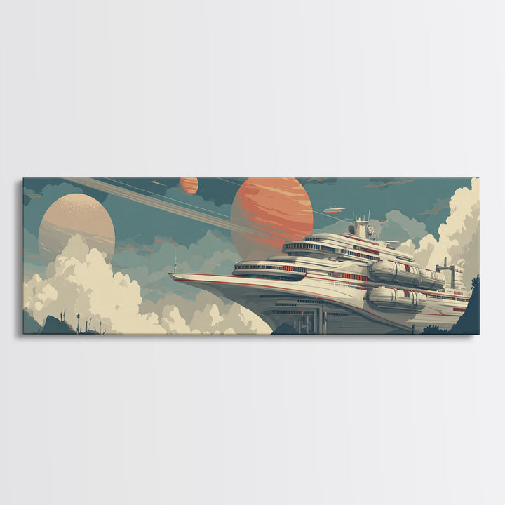 Futuristic Space Cruise Ship Canvas Print, Retro Sci Fi Wall Art, Planet Travel Poster, Modern Home Decor For Office Room
