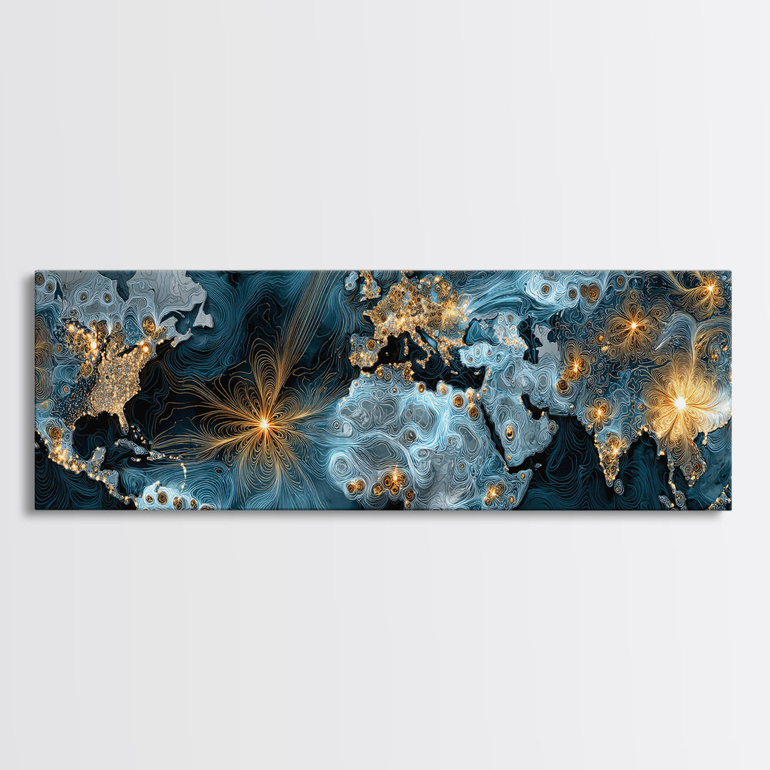 Blue Topographic World Map With Golden City Lights, Canvas Print, Modern Wall Art, Global Abstract Office Decor Poster Print