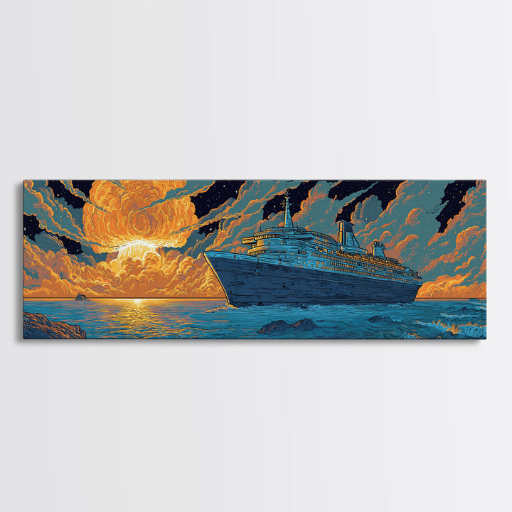 Dramatic Cruise Ship At Sunset Wall Art, Retro Ocean Travel Poster, Sci Fi Seascape Decor, Large Canvas Print Gift For Living Room