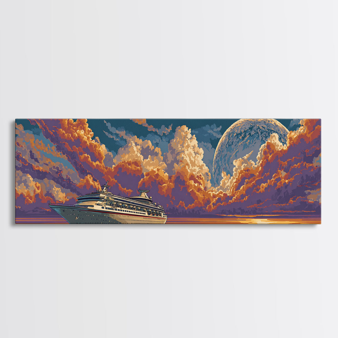 Moonlit Cruise Ship At Orange Ocean Sunset Wall Art, Retro Futuristic Travel Poster, Midcentury Modern Decor Canvas Print
