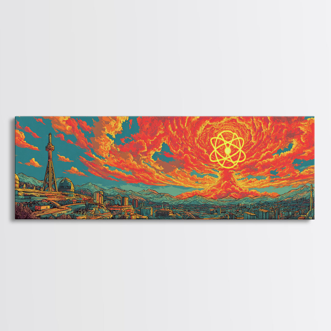 Fiery Atomic Sun Over Retro City Skyline Wall Art, Midcentury Modern Art Print, Bright Abstract Decor, Sci Fi Poster, Home Decor