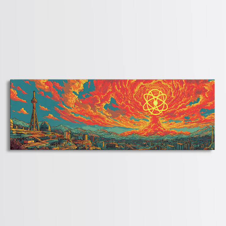 Fiery Atomic Sun Over Retro City Skyline Wall Art, Midcentury Modern Art Print, Bright Abstract Decor, Sci Fi Poster, Home Decor