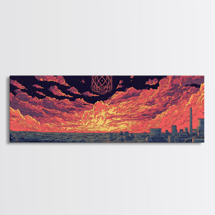 Atomic Sunset Over Industrial Coast Wall Art, Retro Sci Fi Landscape, Midcentury Modern Decor, Colorful Abstract Print, Poster
