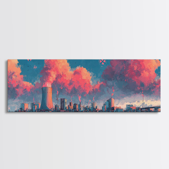Pink Vapor Clouds Above Nuclear Plant Wall Art, Industrial Skyline Canvas Print, Retro Futuristic Modern Home Decor, Office Decor