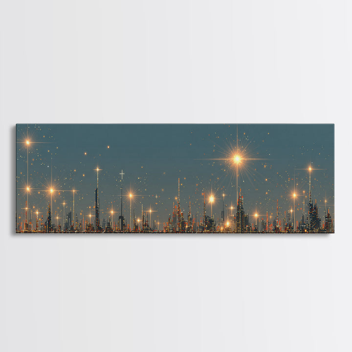 Golden Starbursts Over Night City Skyline Wall Art, Modern Abstract Art Print, Futuristic Urban Decor, Large Canvas Print